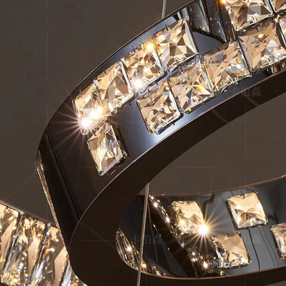 Ironwork and crystal stair chandelier with remote control dimming