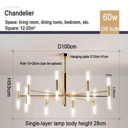 Blooming chandelier lit in white light across its plated metal arms