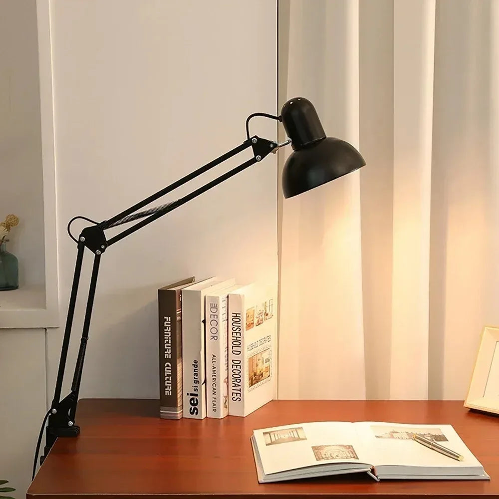 Adjustable metal architect desk lamp fully extended arm front view