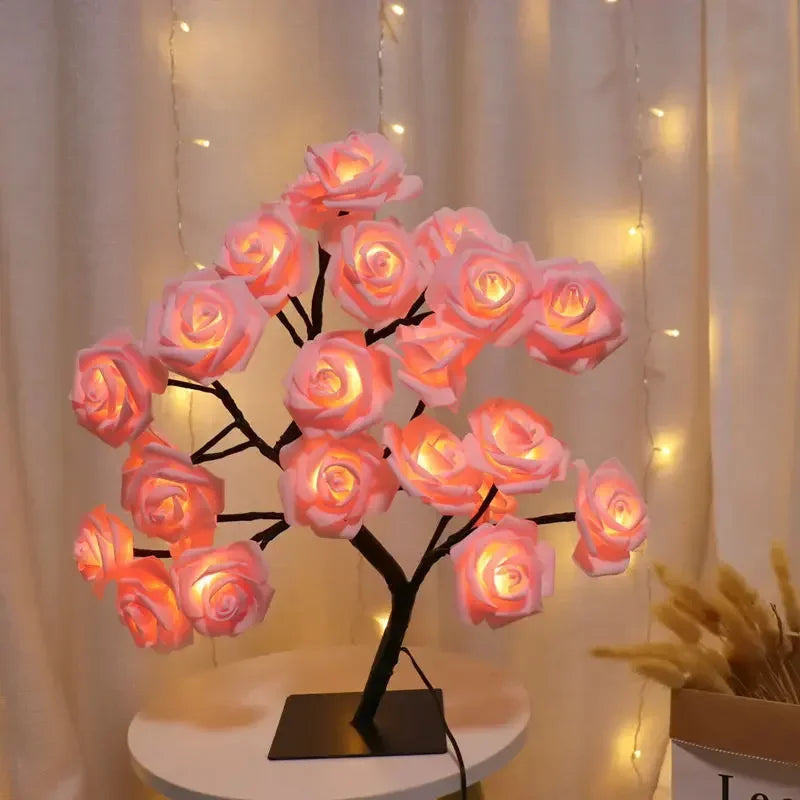 USB fairy tree lamp on bedside table casting romantic evening light