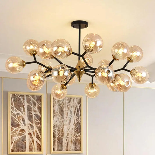 Amber glass ball chandelier with tinted globes on an iron frame