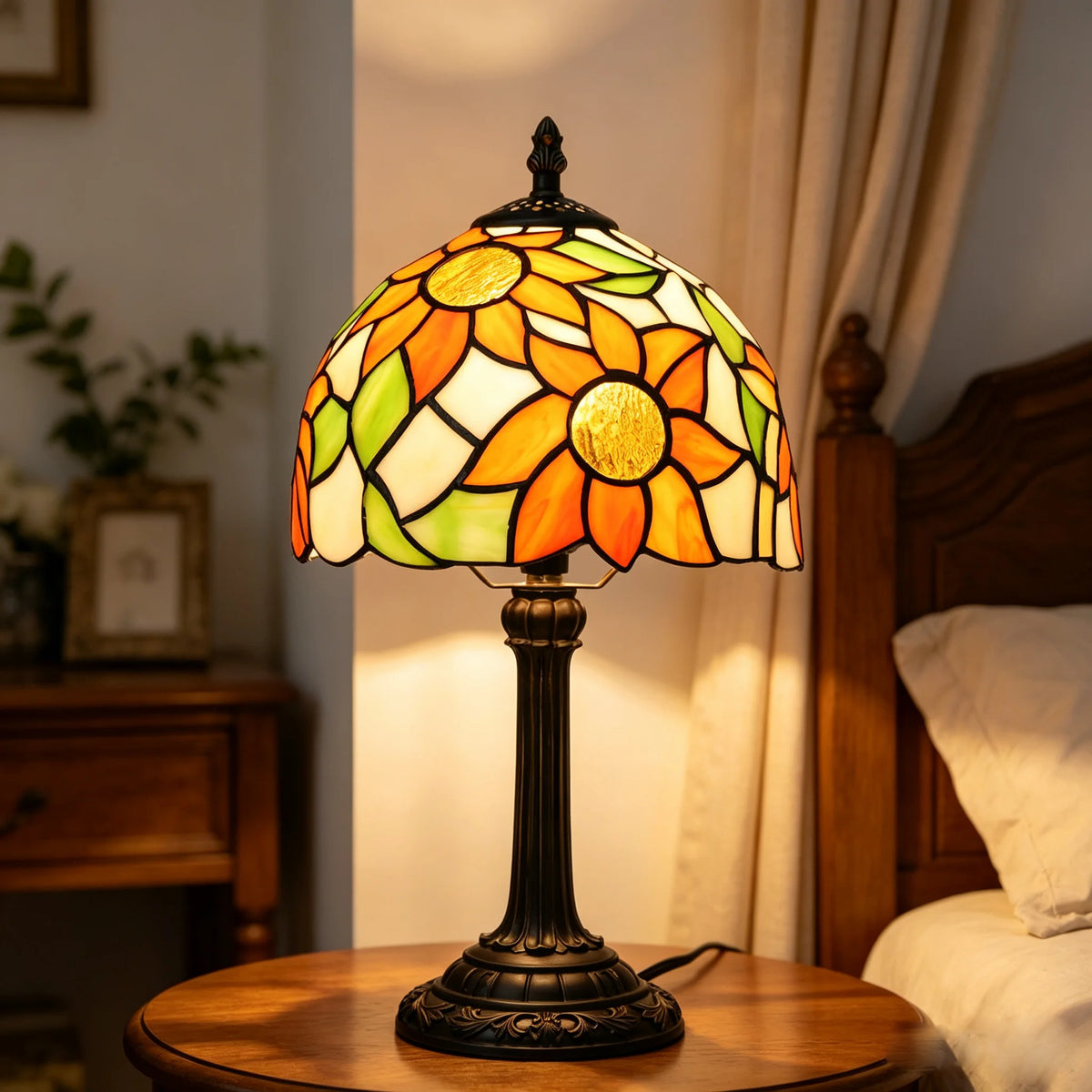 Tiffany sunflower stained glass lamp orange EU plug warm glow