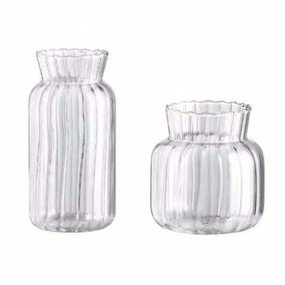 Two sizes M and L of retro striped mini glass vases side by side