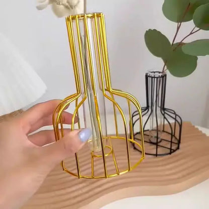 Iron art hollow gold vase with hydroponic test tube flower display
