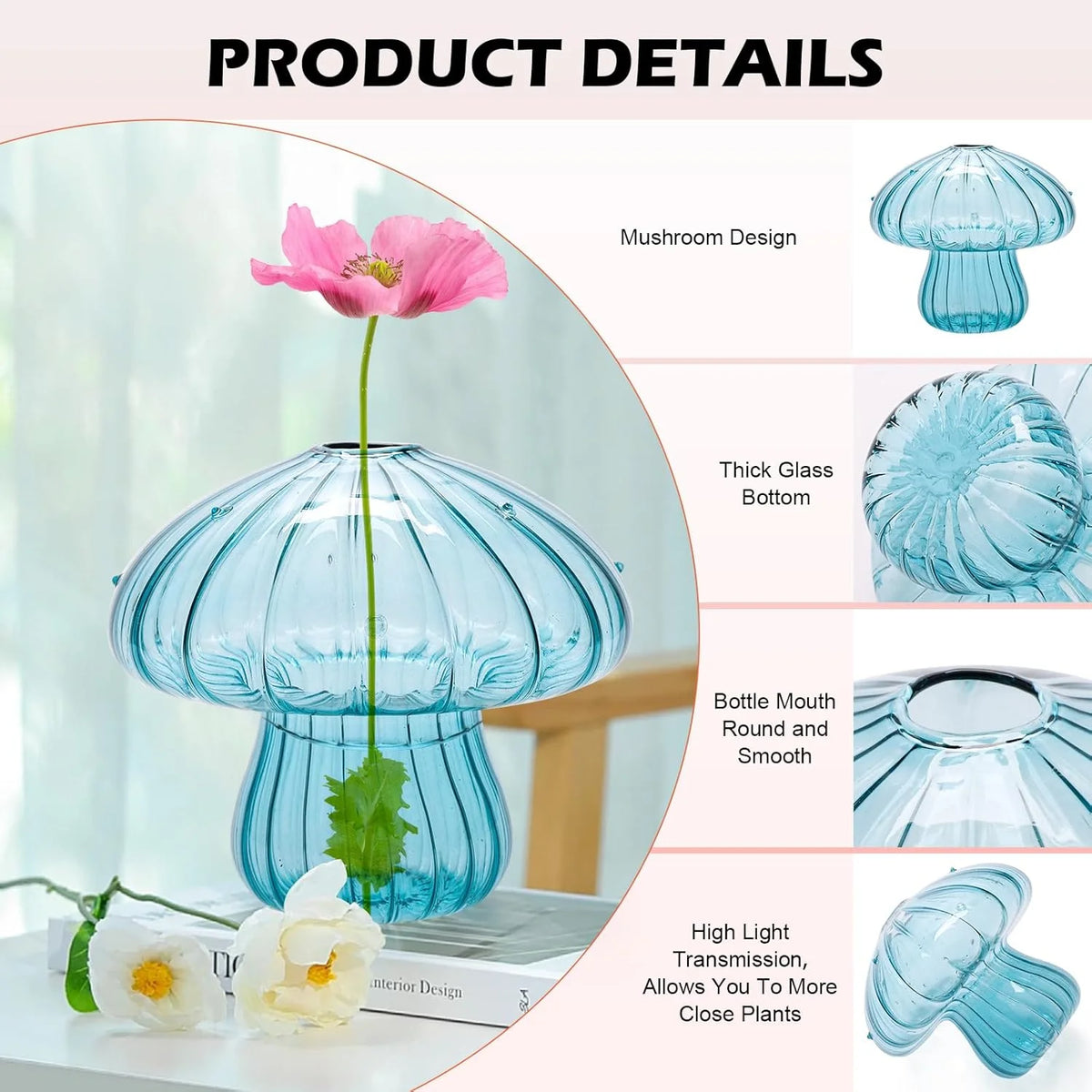 Cute glass mushroom bud vase for displaying single fresh flower at home