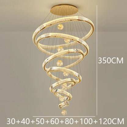 Cold white light across the crystal rings of a gilded chandelier
