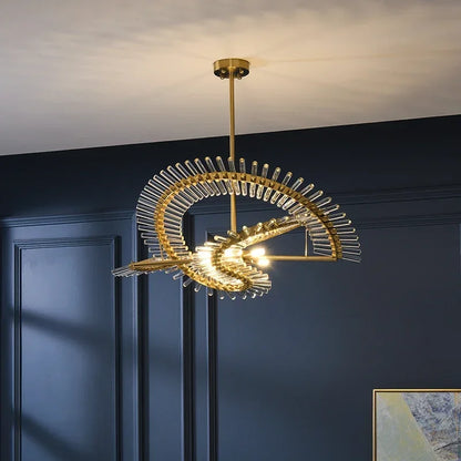 Gold glass globe chandelier with six glass spheres on a plated frame