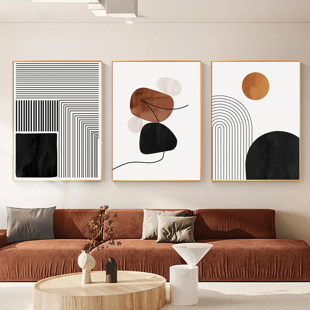 Black White Geometry Line Art 3-Piece Canvas Wall Art Set