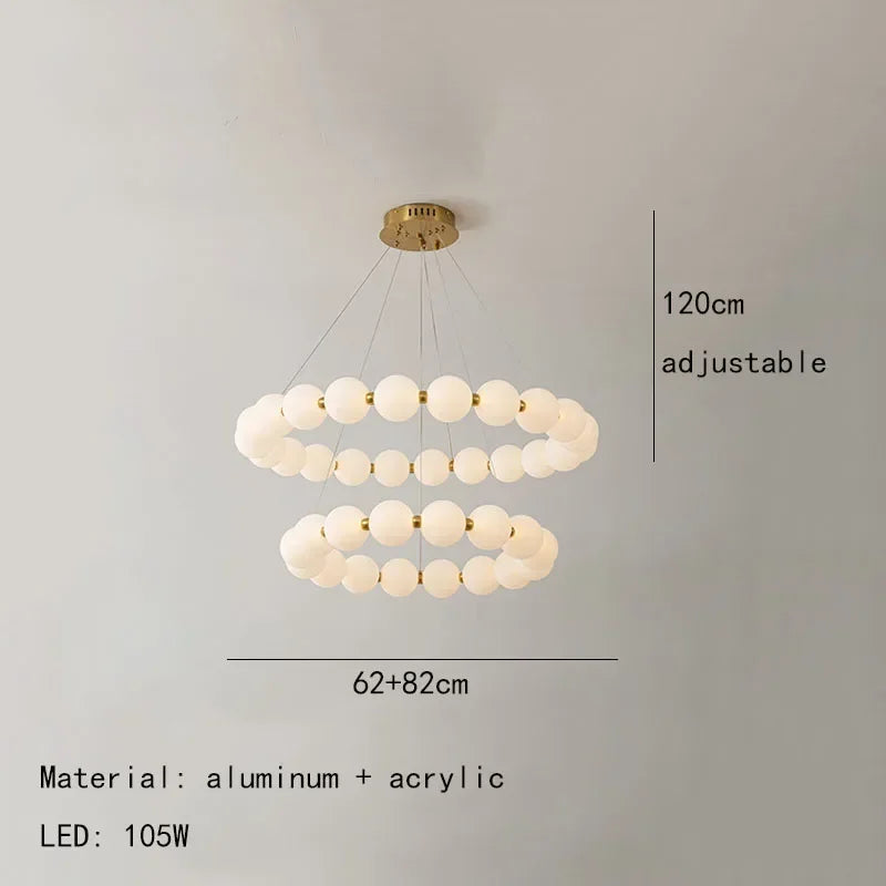 Pearl necklace style chandelier ring with touch on off switch operation