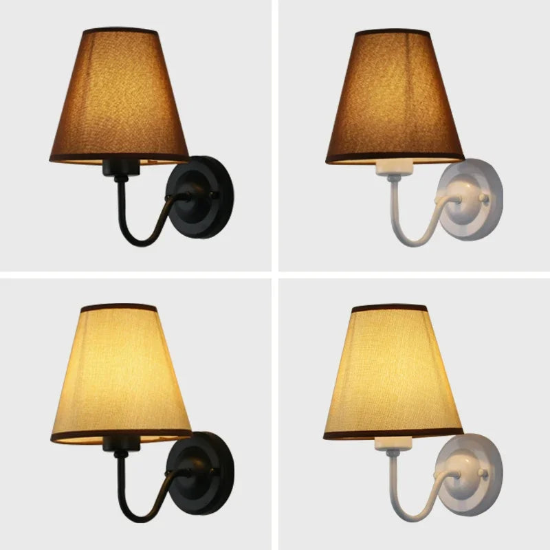 fabric shade wall sconce, detail view of fixture base and arm