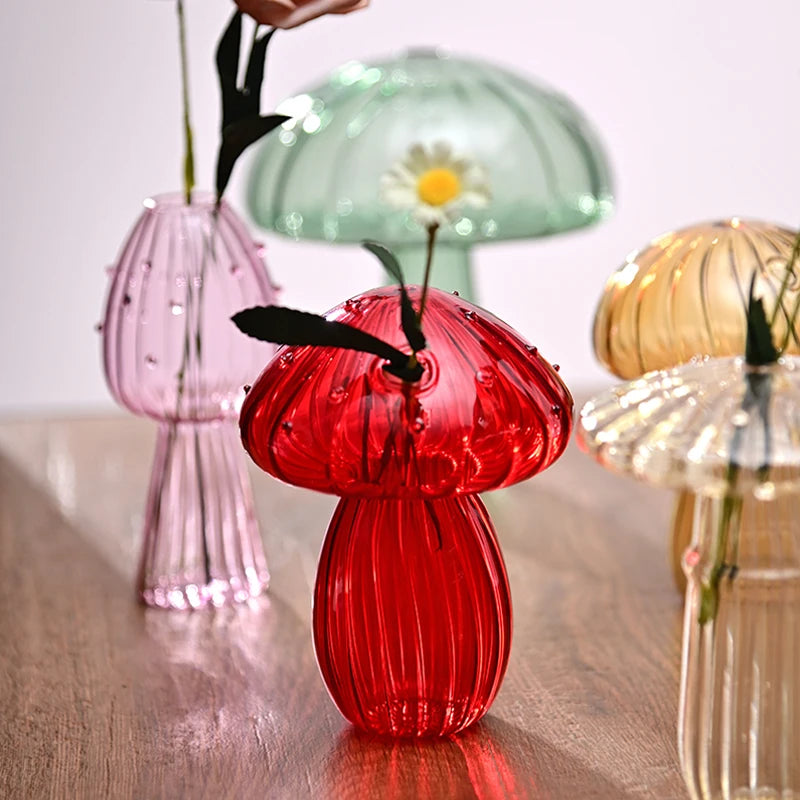 Creative glass mushroom vase multiple style variants displayed
