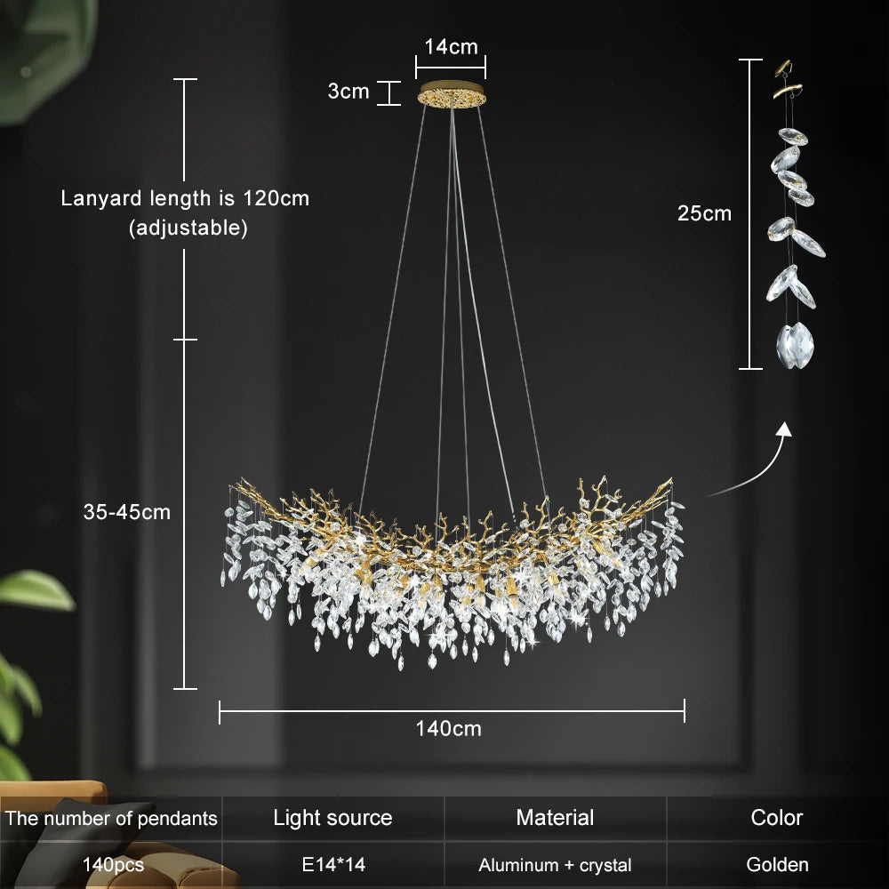 Tree branch crystal chandelier seen from below with gold polished arms