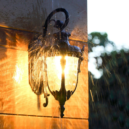 outdoor wall sconce, detail view of fixture base and arm