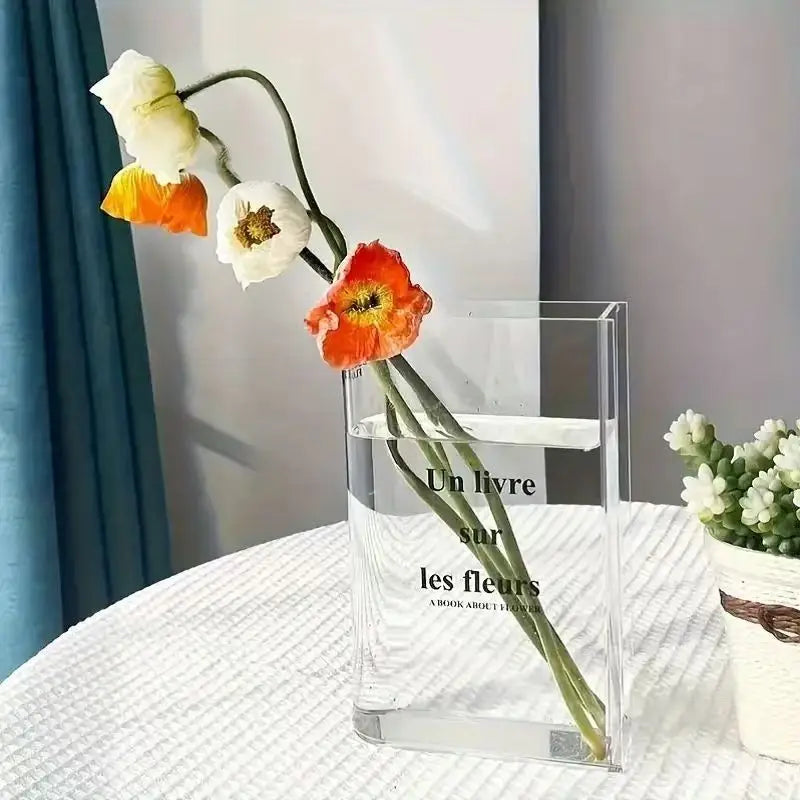 Style A acrylic book vase showing alternative book spine form with flower arrangement