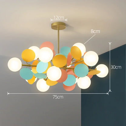 Twelve head glass branch chandelier in mixed colours on semi-flush mounting