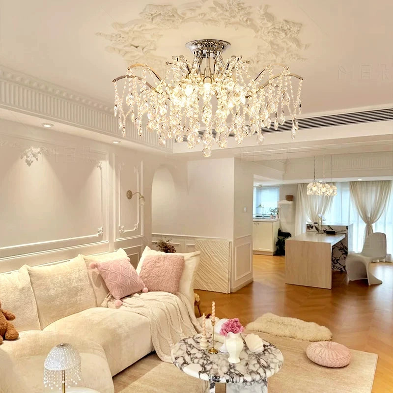 Flush crystal chandelier at 24.8 in diameter with warm 3000K light