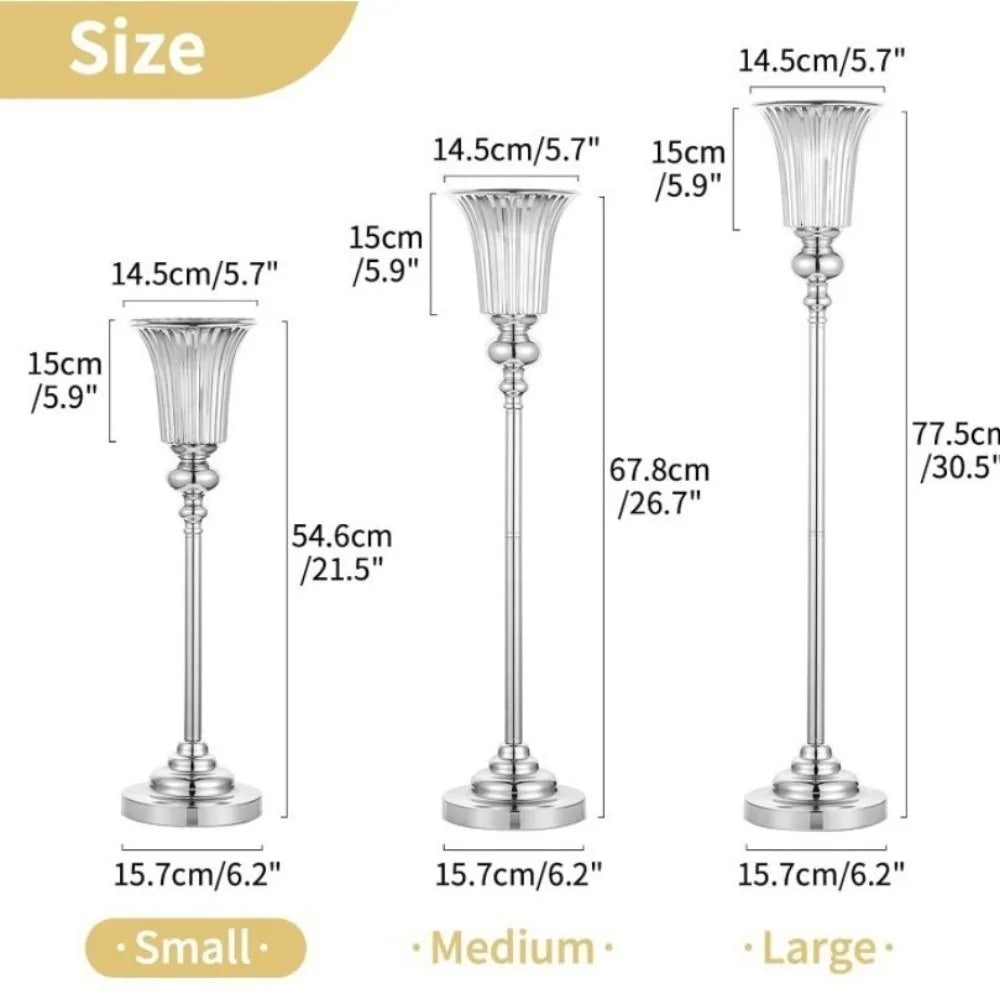 Side profile of large silver metal flower stand vase showing tapered slender elegant form