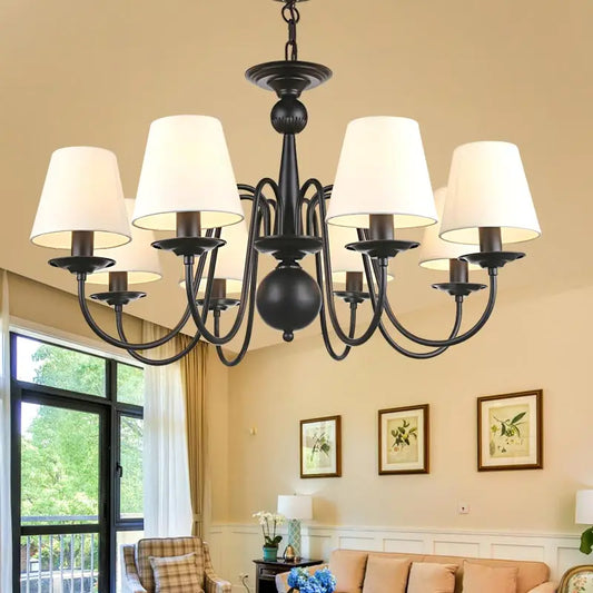 Vintage fabric shade chandelier with white shades on a black iron frame