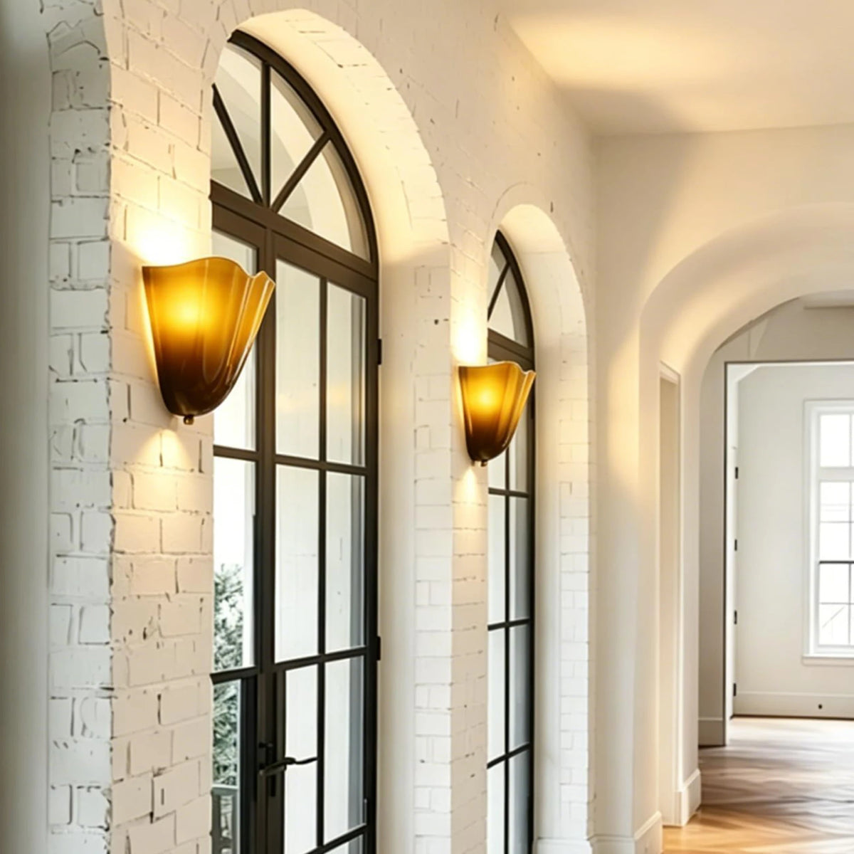 glass wall sconce, installed in a room interior setting