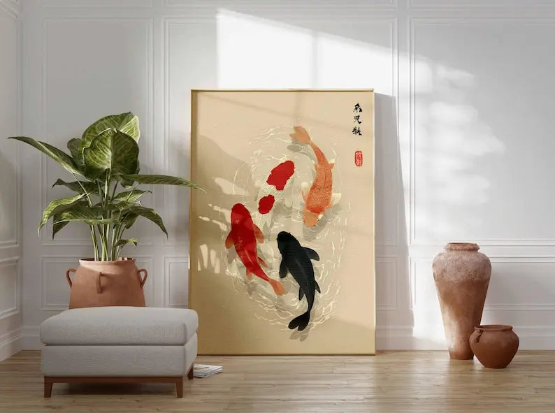 Japanese koi fish minimalist canvas wall art — full product view with size reference