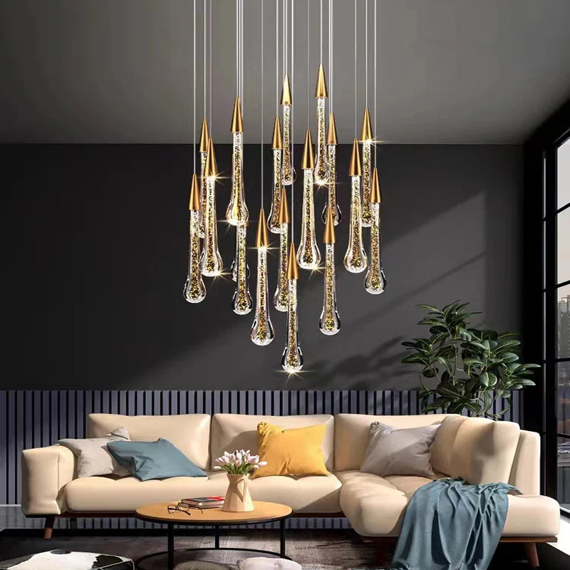 Spiral crystal cluster chandelier with staggered drops on plated steel