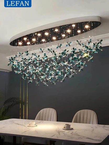 Long 59.1 in (150 cm) oval crystal chandelier on forged iron