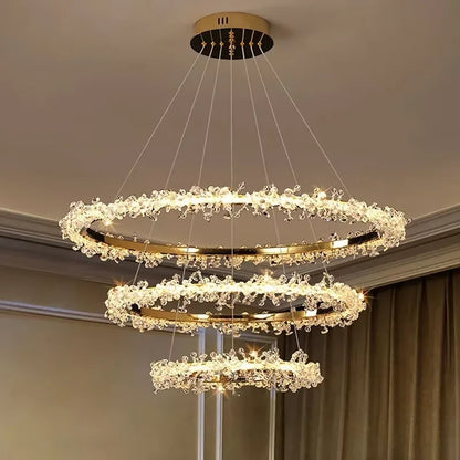 Nordic crystal ring chandelier with glass bands on polished chrome