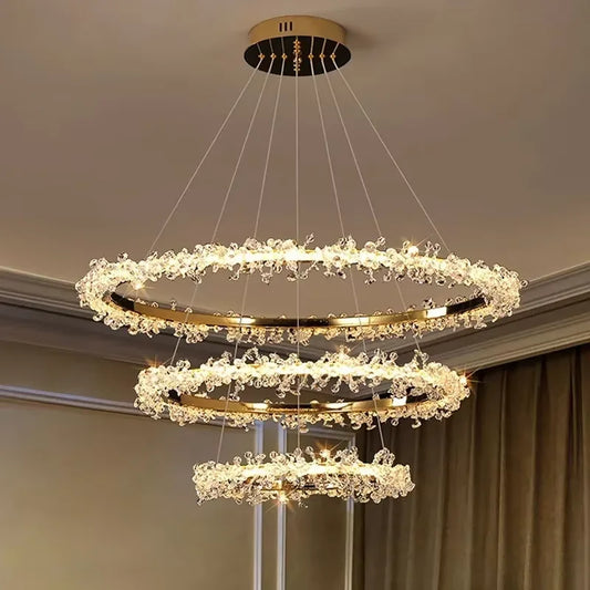 Nordic crystal ring chandelier with glass bands on polished chrome