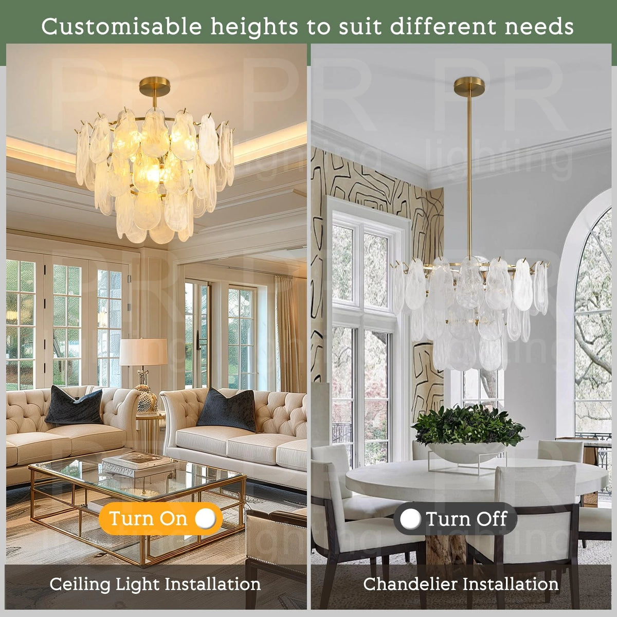 Tiered gold chandelier shown in cold 6500K light, semi-flush mounted