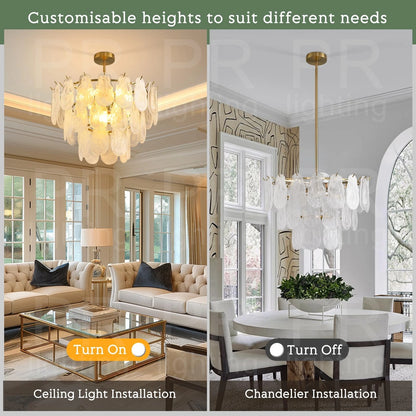 Tiered gold chandelier shown in cold 6500K light, semi-flush mounted