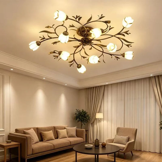 Retro flower branch chandelier with glass blossom shades on painted iron arms
