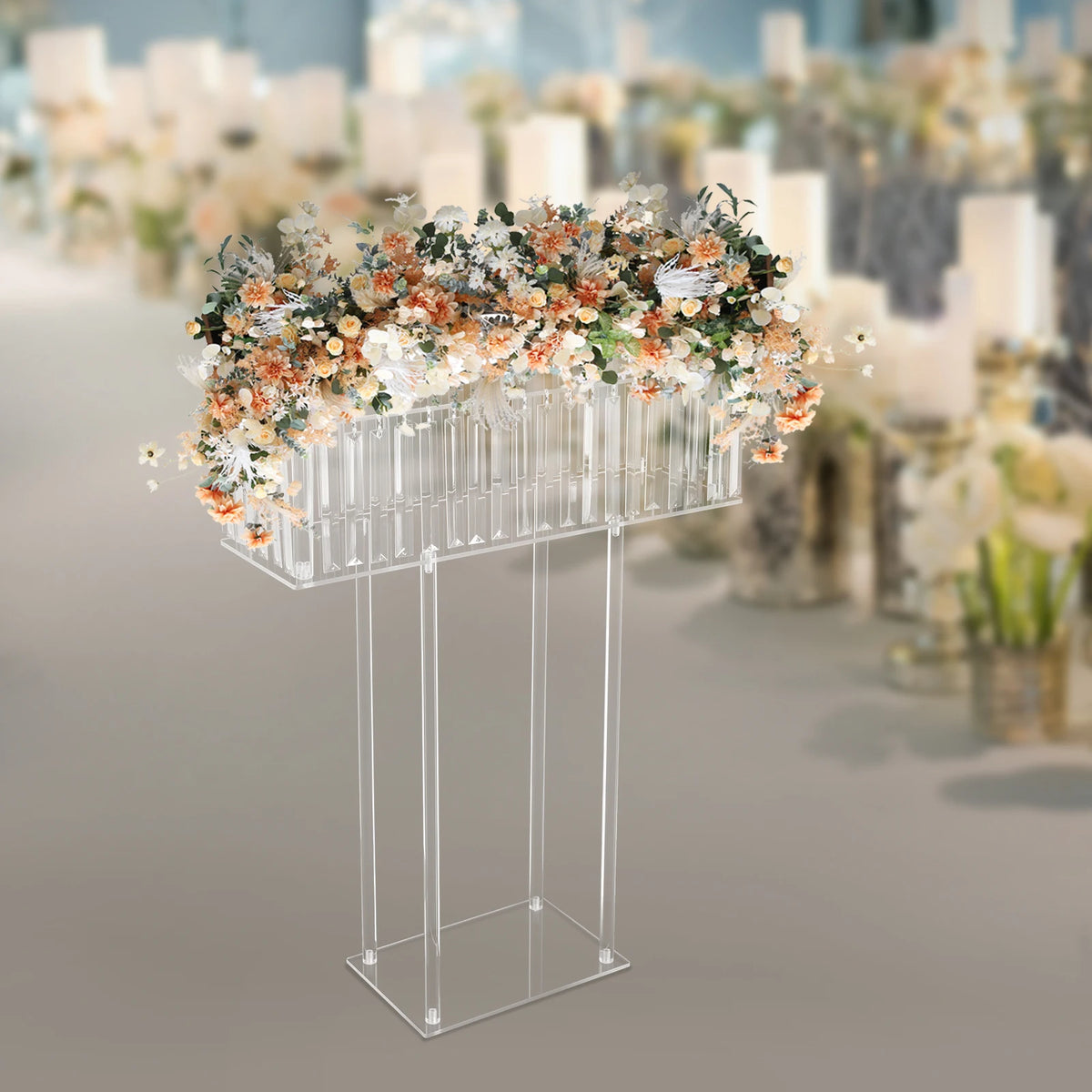 Close-up of crystal acrylic stand base showing transparent elevated flower platform design