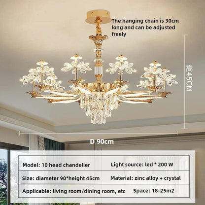 Eight head crystal flower chandelier shown in warm light on a cord drop