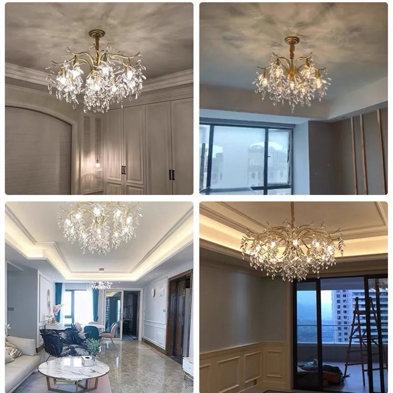Gold branch chandelier with crystal drops and included LED bulbs