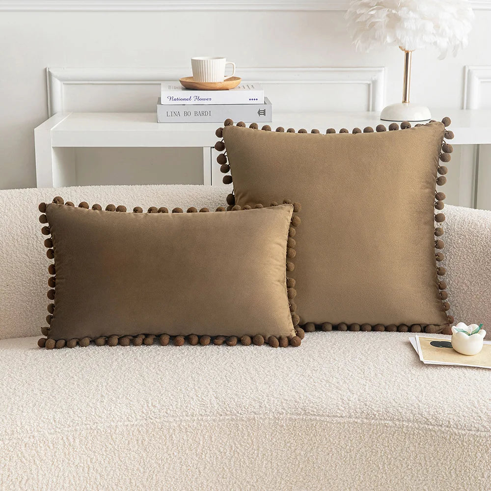 Velvet Pom-Pom Throw Pillow Cover