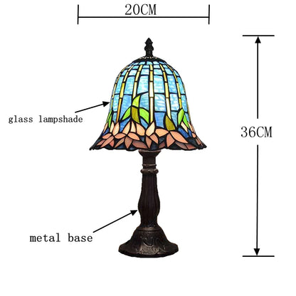 American Tiffany style water lily lamp glowing warm in living room