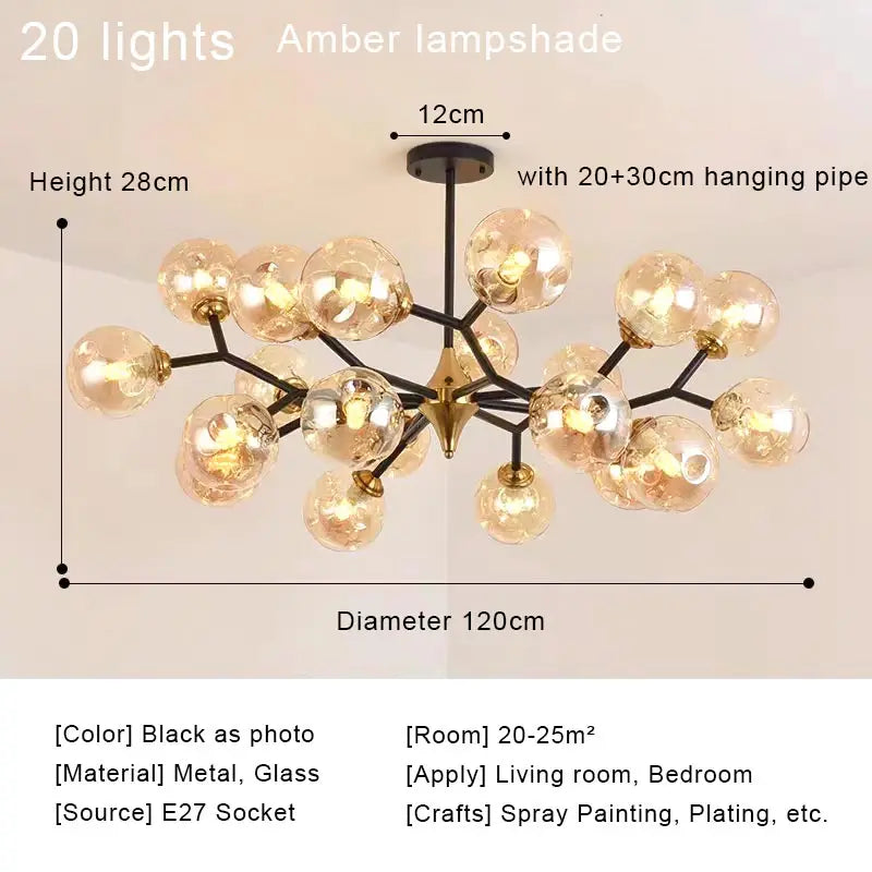 Twenty light smoke grey glass ball chandelier on black iron