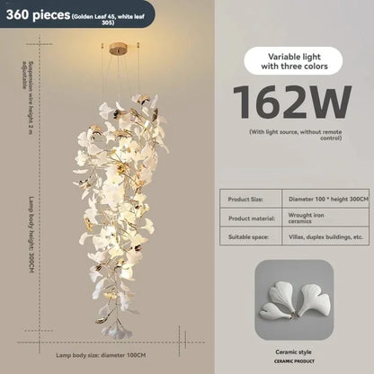 Long bar ginkgo chandelier, 118.1 inches across, with ceramic leaf shades