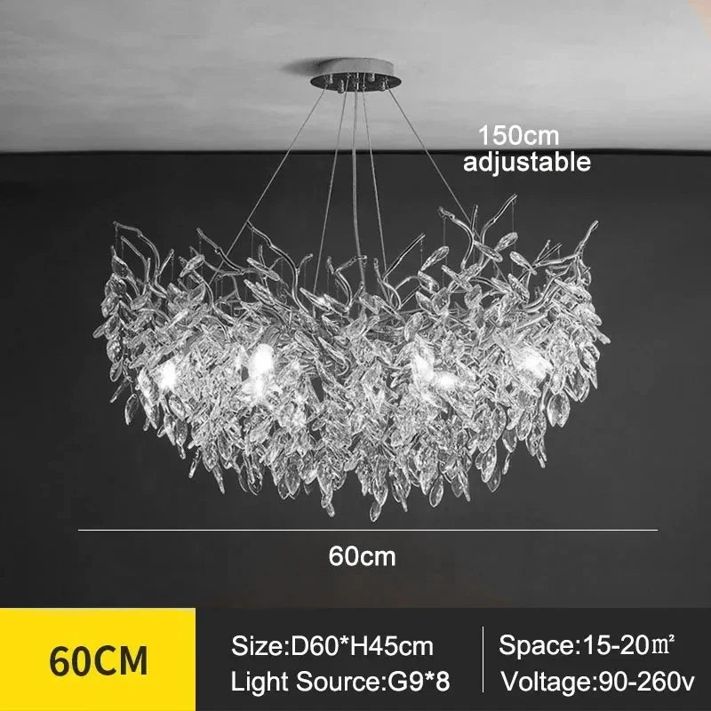 Crystal chandelier at 31.5 in across with E14 LED bulbs and chain mount