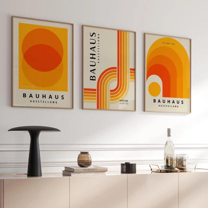 Orange Blue Bauhaus Abstract 3-Piece Canvas Wall Set