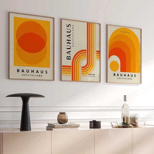 Orange Blue Bauhaus Abstract 3-Piece Canvas Wall Set