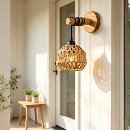 rattan wall sconce, close-up of shade and hardware detail