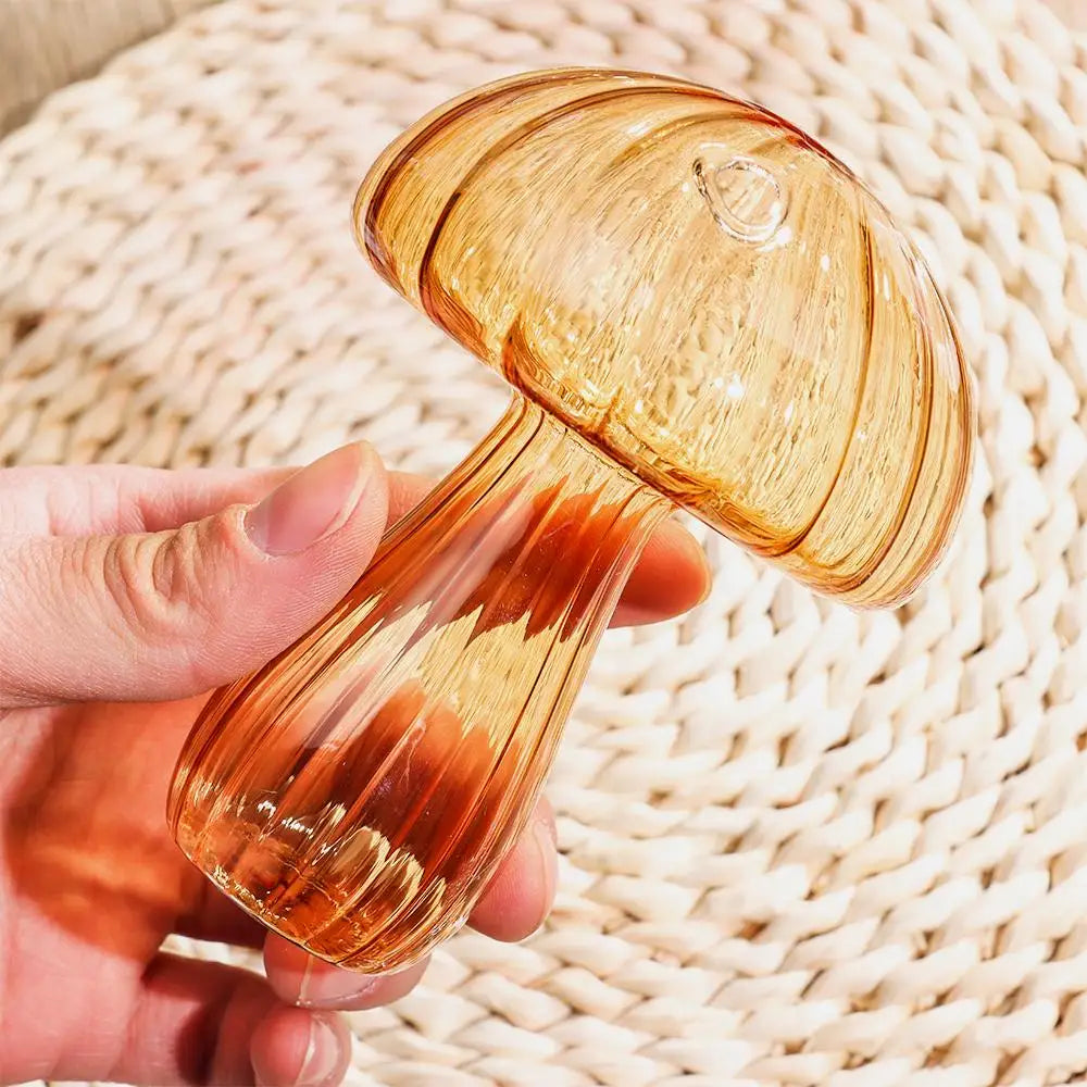 Red mushroom glass bud vase from above showing mushroom cap opening