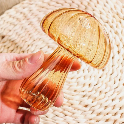 Red mushroom glass bud vase from above showing mushroom cap opening