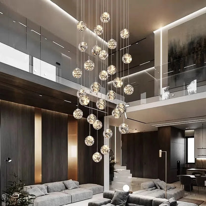 Glass stair chandelier at 15.7 in diameter with nine glass heads