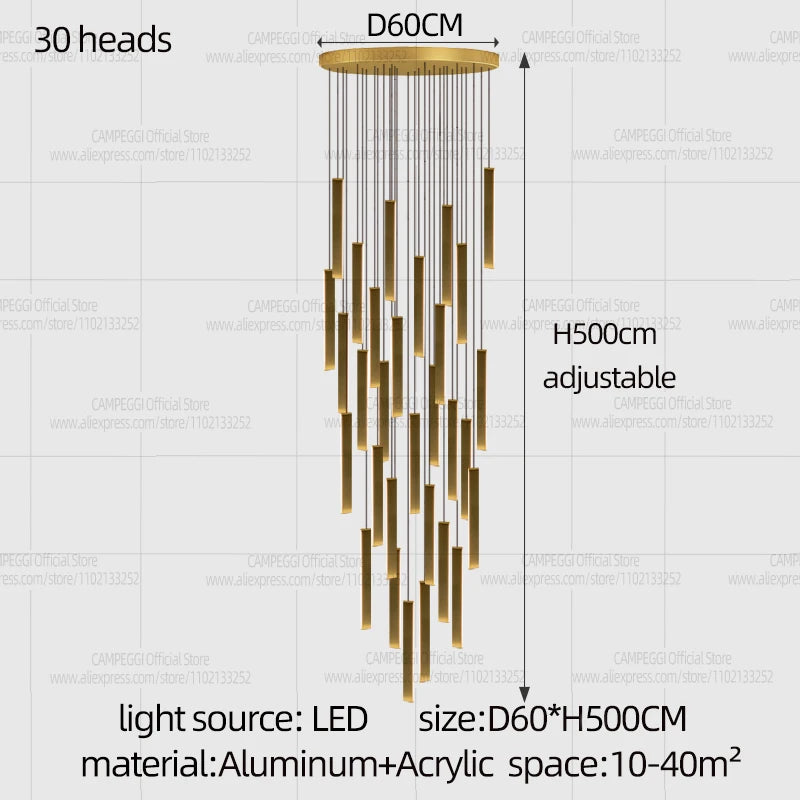 Gold bodied rod chandelier for a dining table or an open landing