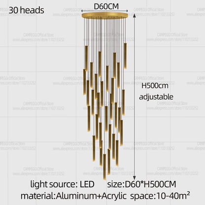 Gold bodied rod chandelier for a dining table or an open landing