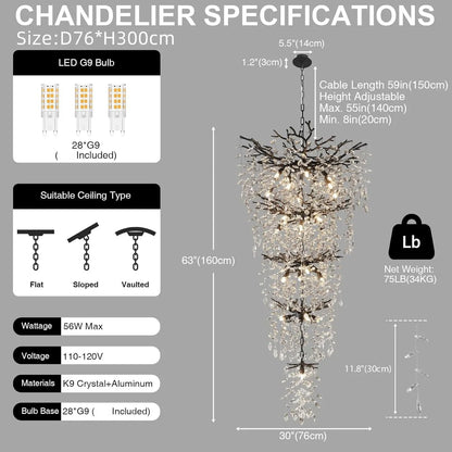 Black crystal chandelier, 29.9 inch diameter, for a two storey stairway