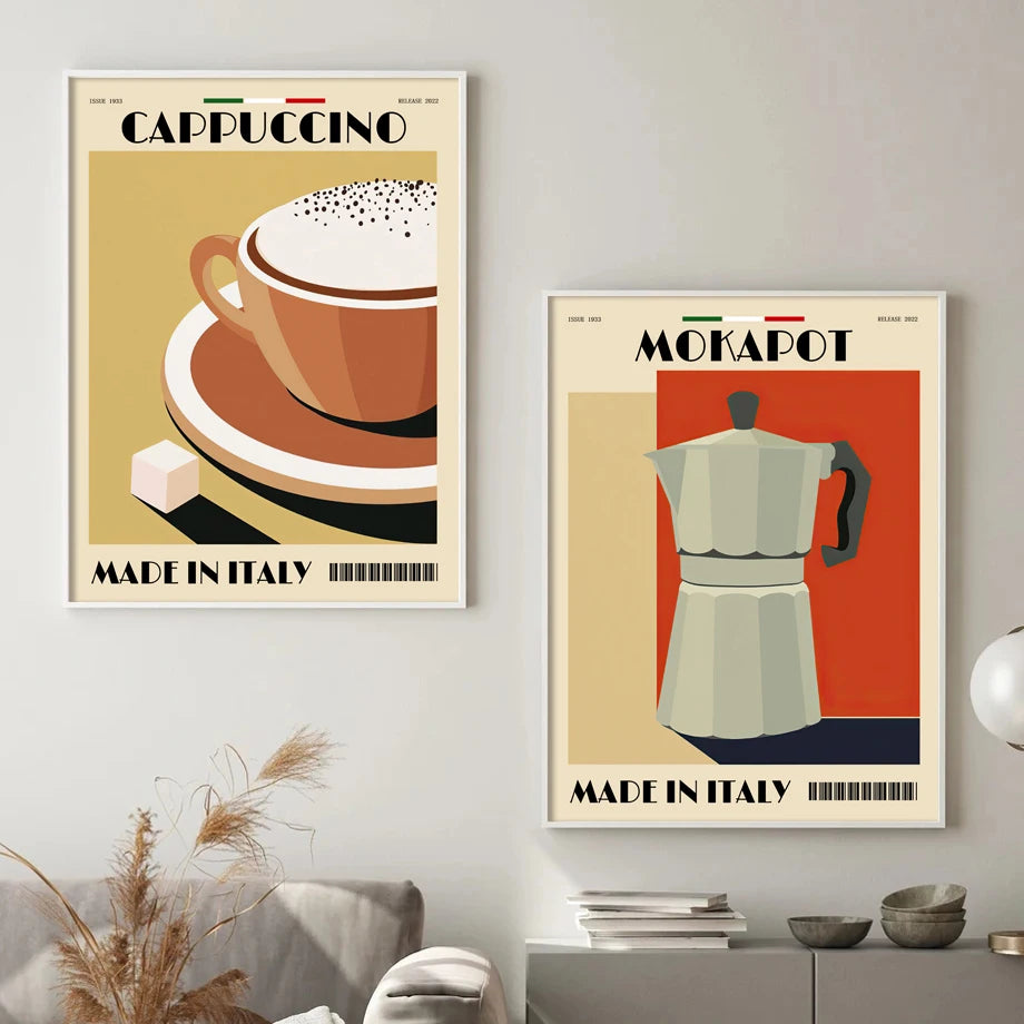 Italian Espresso Coffee Pot Beans Canvas Wall Art