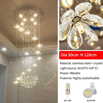 Crystal flower chandelier shown lit in warm light down its full drop
